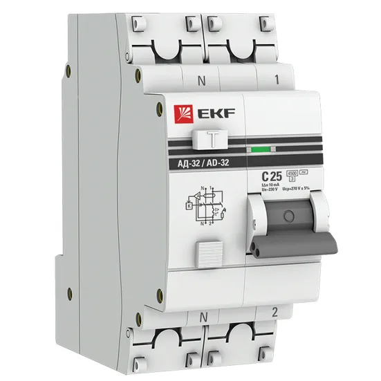 Дифференциальный автомат АД-32 1P+N 25А/10мА (хар. C, AC, электронный, защита 270В) 4,5кА EKF PROxima