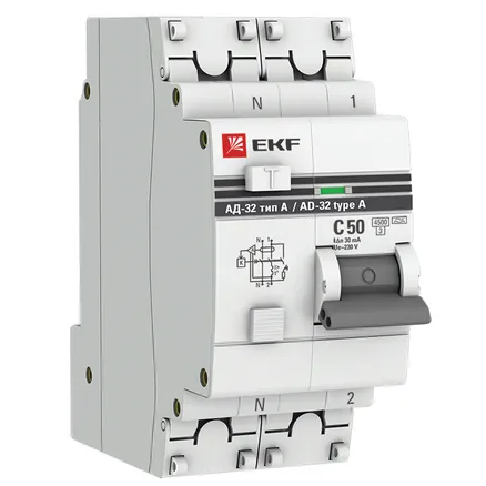 АВДТ АД-32 1P+N 50А х-ка C 30мА тип A эл. 4,5кА PROXIMA EKF (DA32-50-30-a-pro)