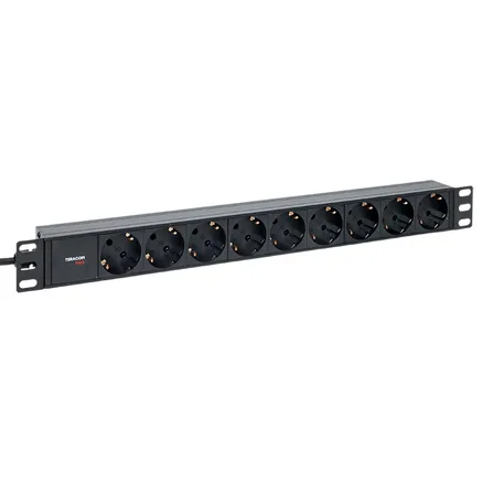 Блок PDU TERACOM PRO 19" 1U 10А/250В 9 роз. Schuko шнур 2 м 3x1,5 мм2 вилка C14 корпус алюминий черный (TRP-HPD-10A-9SH-2MC14)