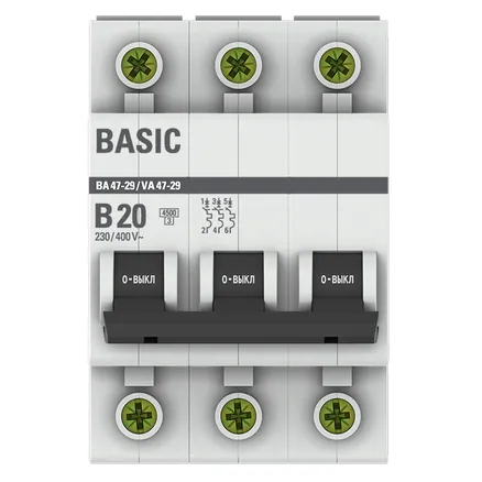 Автоматический выключатель ВА 47-29 3P 20А (B) 4,5кА BASIC