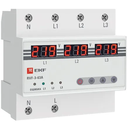 Реле выбора фаз с дисплеем RVF-3-63А EKF (RVF-3-63a)