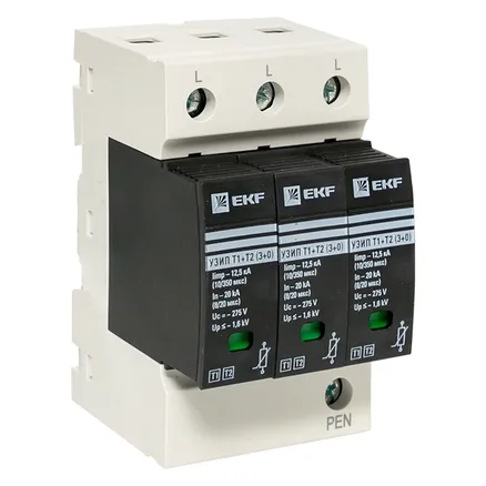 УЗИП Т1+Т2/ Iimp-12,5kA/ In-20kA/ Uc-275В/ 3+0 EKF (OV12-3-503)