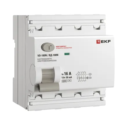 ВДТ ВД-100N 4P 16А 30мА AC эл-мех 6кА PROXIMA EKF (E1046M1630)