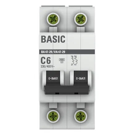 Автоматический выключатель ВА 47-29 2P 6А (C) 4,5кА BASIC
