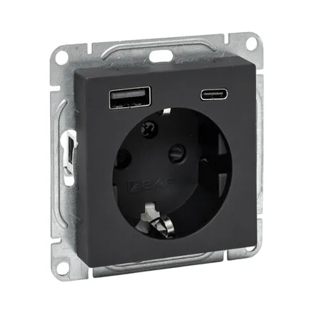 Механизм розетки с USB-A+С - 2шт, 16А, с заземлением, со шторками, чёрн. Эпика EKF (UP1-SOB-111-USBA+USBC)