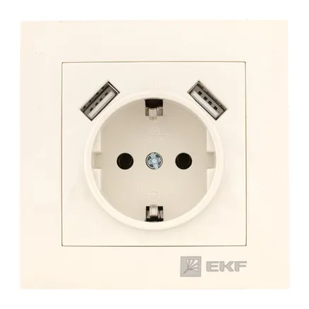 Валенсия розетка 1-местная с/з 16А кремовая с защ. штор. с 2 USB 2,1А EKF (EWR16-028-20-2USB)