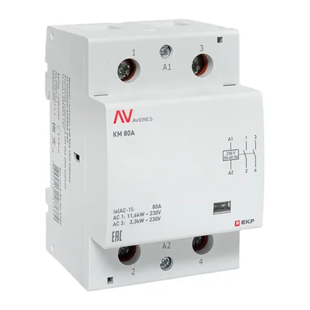 Контактор модульный КМ 80А 2NO 230В АС (3 мод.) AVERES EKF (km-av-3-80-20-230V)