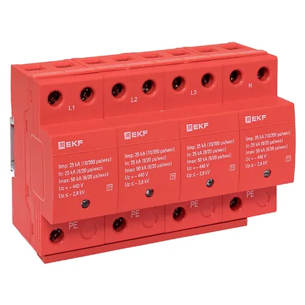 УЗИП Класс 1 Iimp 25kA (10/350μs) 4P EKF (spd-t1-4p)