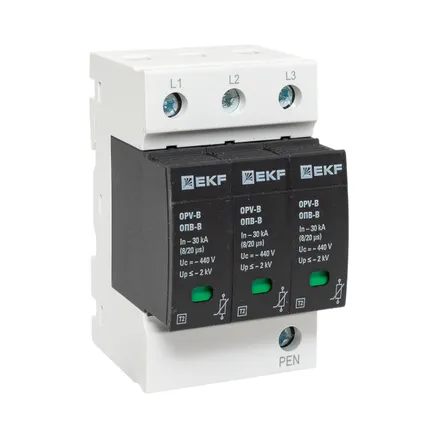 Ограничитель импульсных напряжений ОПВ-B/3P In 30кА 440В с сигн. EKF (opv-b3)