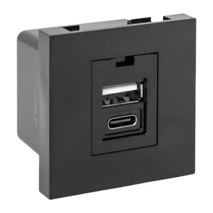 Розетка USB A+C, 2.1А, 2 гнезда, без индикатора, черная, матовая EKF (E2MR2B-21USB-10-AC)