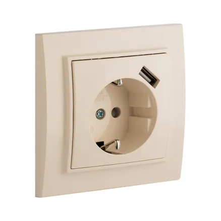 Минск Розетка 1-местная СП с/з 16А беж. с защ. штор. с USB 1А EKF (ERR16-028-200-USB)