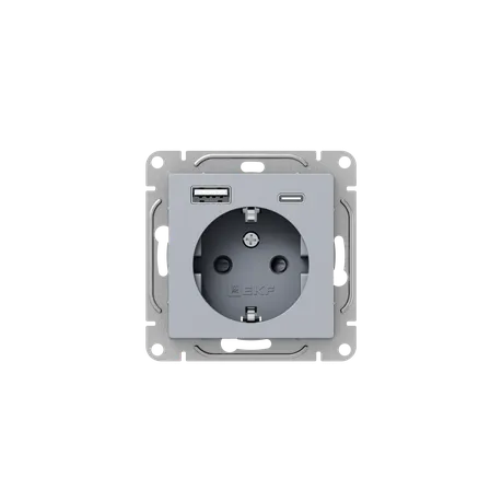 Механизм розетки с USB-A+С - 2шт, 16А, с заземлением, со шторками, алюминий Эпика EKF