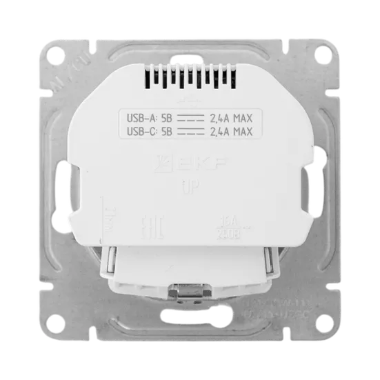 Механизм розетки с USB-A+С - 2шт, 16А, с заземлением, со шторками, белый Эпика EKF