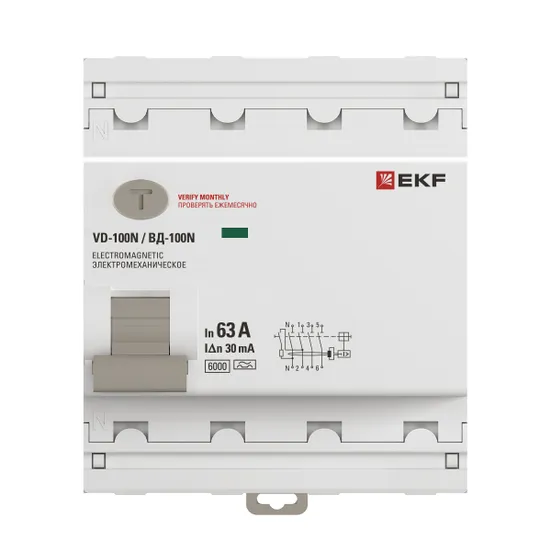Выключатель дифференциального тока ВД-100N 4P 63А 30мА тип A эл-мех 6кА PROXIMA EKF