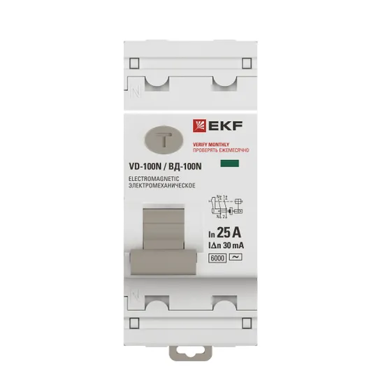 Выключатель дифференциального тока ВД-100N 2P 25А 30мА тип AC эл-мех 6кА PROXIMA EKF