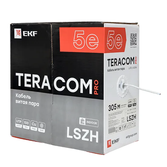 Кабель витая пара TERACOM PRO Cat.5E U/UTP 4 пары solid 24AWG оболочка LSZH нг(А)-HF цвет серый (упак. 305м)