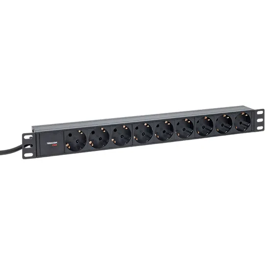 Блок розеток PDU TERACOM PRO 19" 1U 16А/250В 9 розеток Schuko шнур питания длиной 2 метра сечение 3x1,5 мм2 вилка Schuko корпус алюминий черный