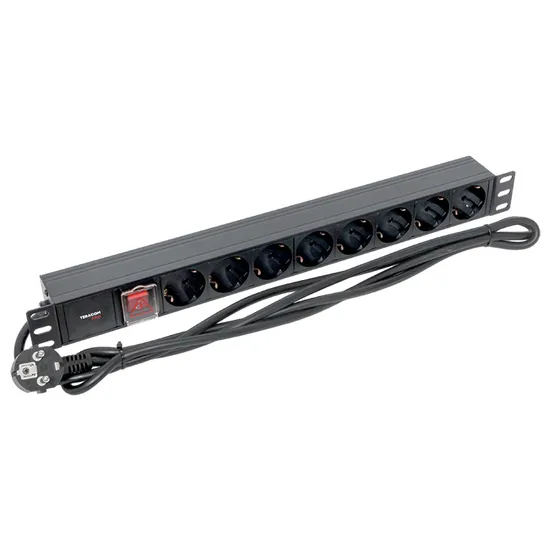 Блок розеток PDU TERACOM PRO 19" 1U 16А/250В 8 розеток Schuko с выключателем шнур питания длиной 2 метра сечение 3x1,5 мм2 вилка Schuko корпус алюминий черный