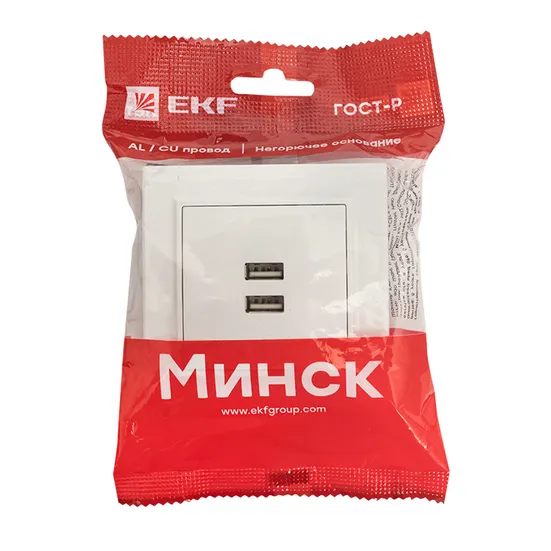 Минск Розетка USB 2-местная СП 2,1А белая EKF