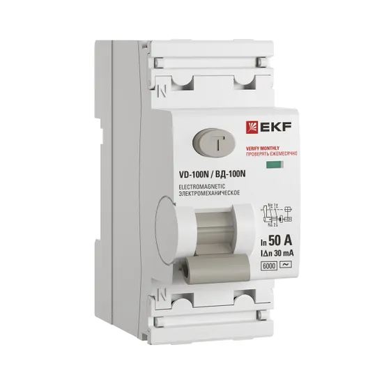 Выключатель дифференциального тока ВД-100N 2P 50А 30мА тип AC эл-мех 6кА PROXIMA EKF
