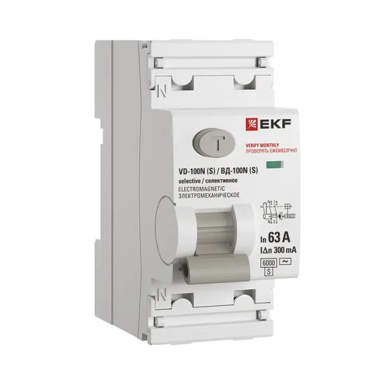 Выключатель дифференциального тока ВД-100N (S) 2P 63А 300мА тип AC эл-мех 6кА PROXIMA EKF