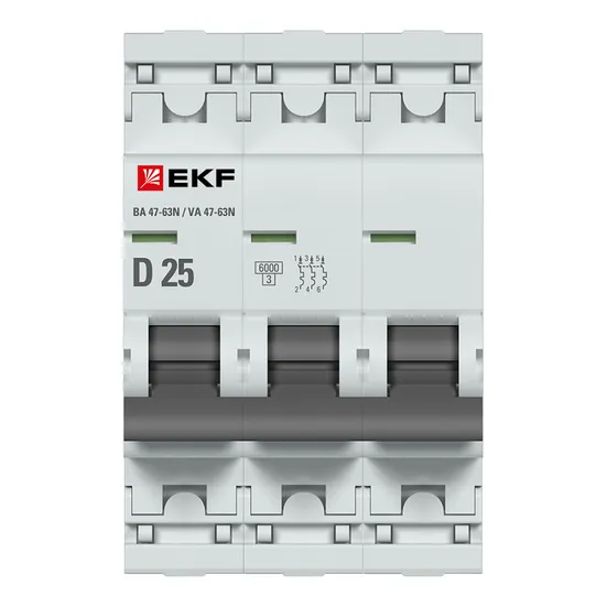 Автоматический выключатель 3P 25А (D) 6кА ВА 47-63N EKF PROxima