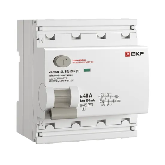 Выключатель дифференциального тока ВД-100N (S) 4P 40А 100мА тип AC эл-мех 6кА PROXIMA EKF