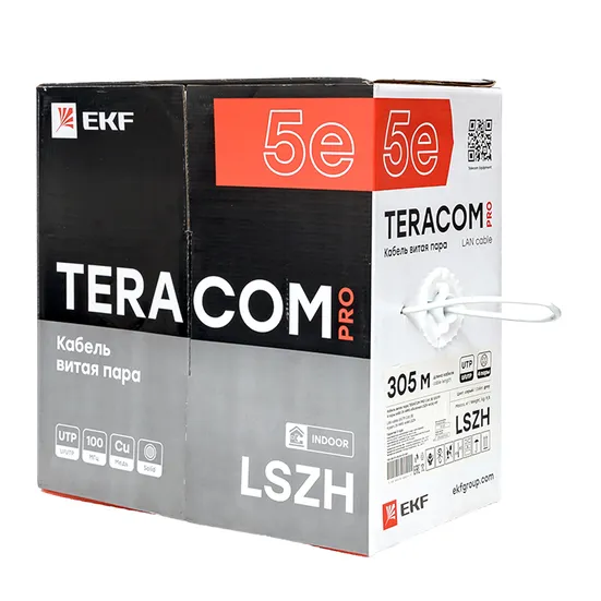 Кабель витая пара TERACOM PRO Cat.5E U/UTP 4 пары solid 24AWG оболочка LSZH нг(А)-HF цвет серый (упак. 305м)