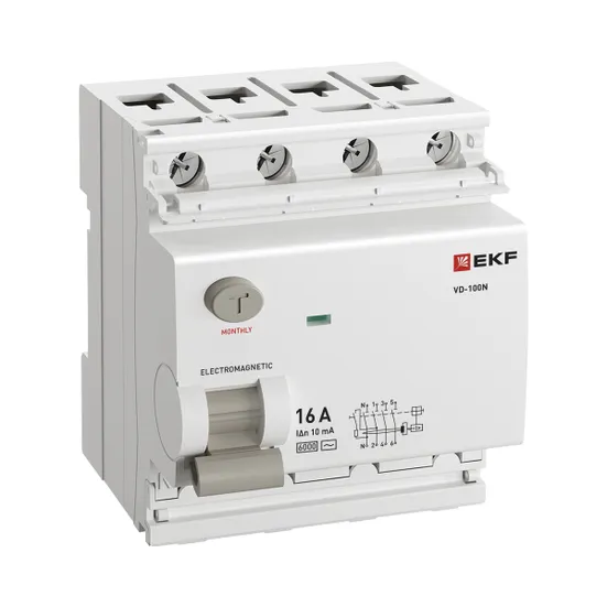Выключатель дифференциального тока ВД-100N 4P 16А 10мА AC эл-мех 6кА PROXIMA EKF