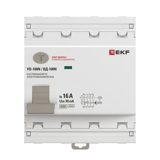 Выключатель дифференциального тока ВД-100N 4P 16А 30мА тип A эл-мех 6кА PROXIMA EKF