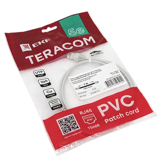 Патч-корд TERACOM Cat.5E (1Гбит/с) неэкранированный UTP оболочка PVC серый (1м)