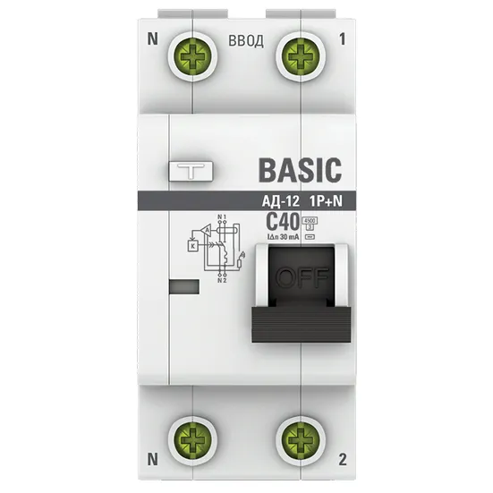 Автоматический выключатель дифференциального тока 1P+N 40А 30мА тип АС х-ка C эл. 4,5кА АД-12 Basic