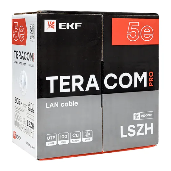 Кабель витая пара TERACOM PRO Cat.5E U/UTP 4 пары solid 24AWG оболочка LSZH нг(А)-HF цвет серый (упак. 305м)