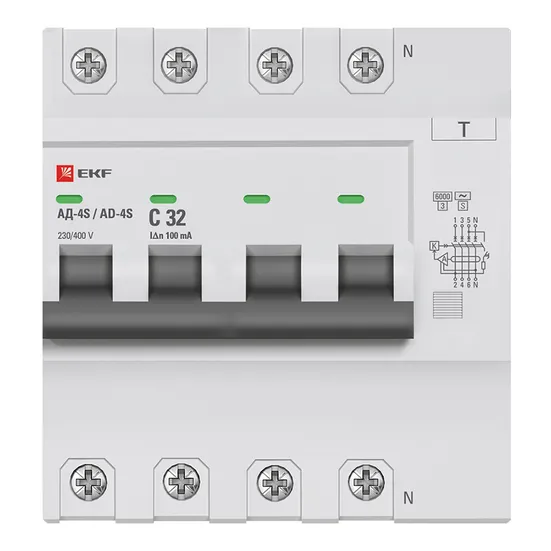 Дифференциальный автомат АД-4 S 32А/100мА (хар. C, AC, электронный) 6кА EKF PROxima