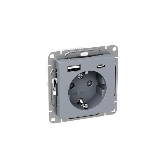 Механизм розетки с USB-A+С - 2шт, 16А, с заземлением, со шторками, алюминий Эпика EKF