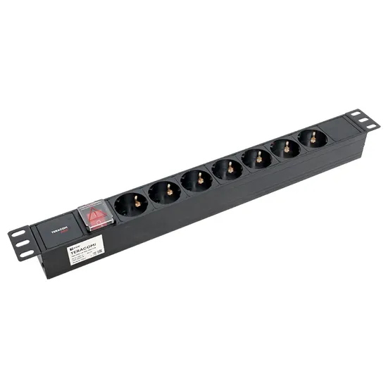 Блок розеток PDU TERACOM PRO 19" 1U 10А/250В 7 розеток Schuko с выключателем без шнура питания входной разъем C14 корпус алюминий черный