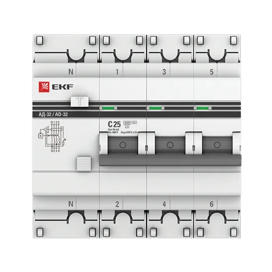 Дифференциальный автомат АД-32 3P+N 25А/30мА (хар. C, AC, электронный, защита 270В) 4,5кА EKF PROxima