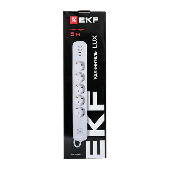 Удлинитель LUX 5 гнезд 2USB 2,4А+2type-C 5 метров 1,5мм2 EKF