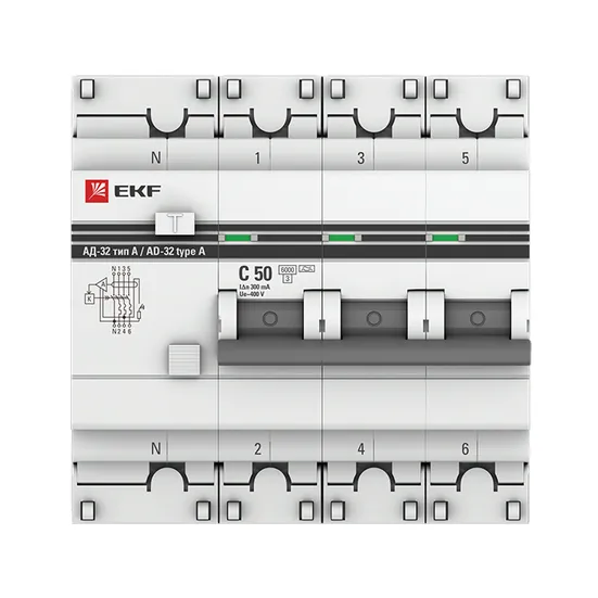 Дифференциальный автомат АД-32 3P+N 50А/300мА (хар. C, A, электронный, защита 270В) 6кА EKF PROxima