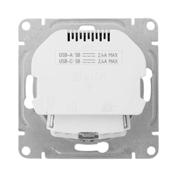 Механизм розетки с USB-A+С - 2шт, 16А, с заземлением, со шторками, белый Эпика EKF