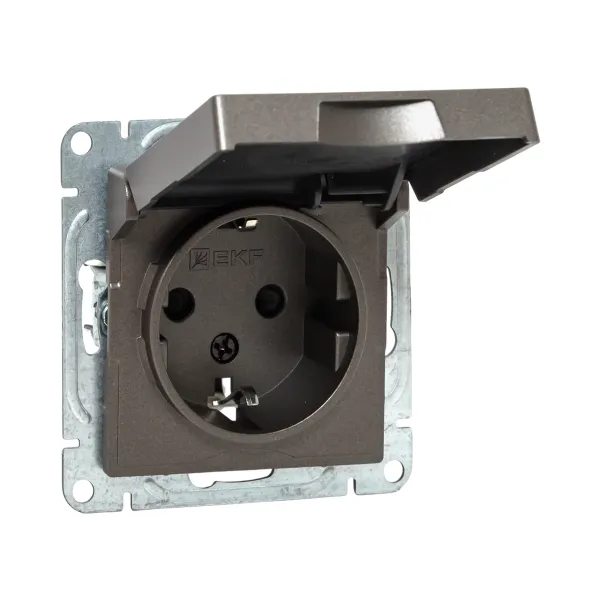 Механизм розетки, 16А, IP44, с заземлением, со шторками, c крышкой, мокко Эпика EKF