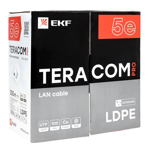 Кабель витая пара TERACOM PRO Cat.5E U/UTP 4 пары solid внешний 24AWG оболочка LDPE цвет черный (упак. 305м)