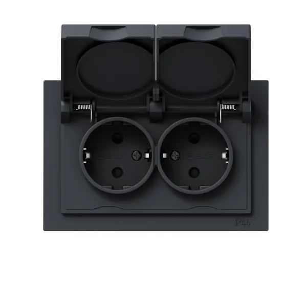 Механизм розетки двойной, 16А, IP44, с заземлением, со шторками, с рамкой, с крышками, графит Эпика EKF