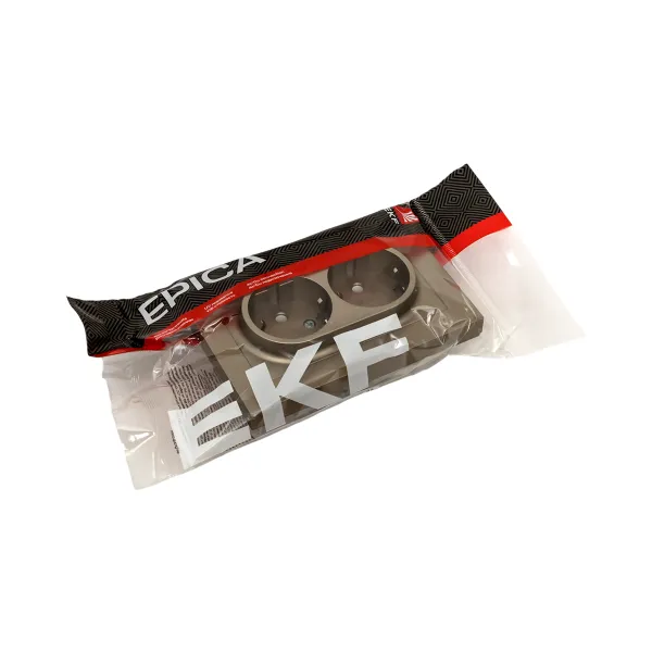 Механизм розетки двойной, 16А, с заземлением, без шторок, с рамкой, шампань Эпика EKF