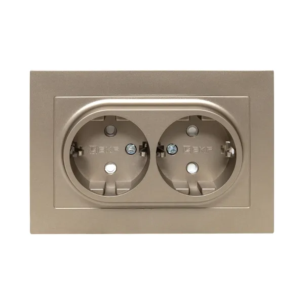 Механизм розетки двойной, 16А, с заземлением, со шторками, с рамкой, шампань Эпика EKF