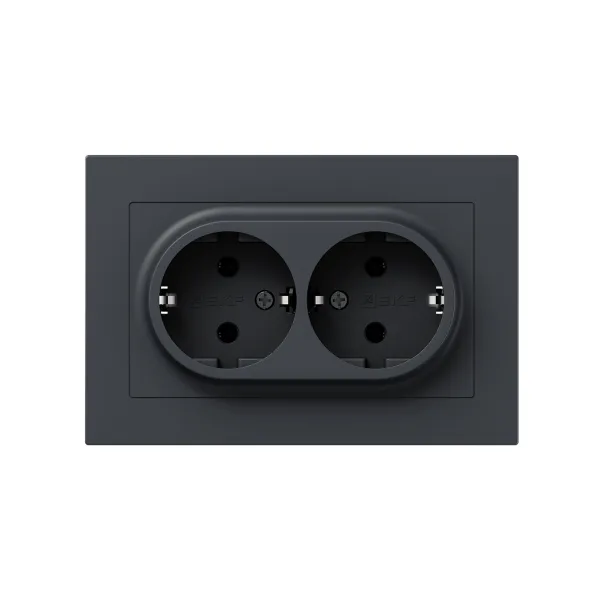 Механизм розетки двойной, 16А, с заземлением, без шторок, с рамкой, графит Эпика EKF