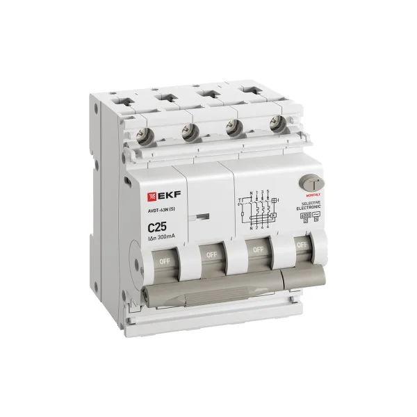 Автоматический выключатель дифференциального тока АВДТ-63N 3P+N (S) 25А характеристика C 300мА тип AC электронный селективный 6кА PROXIMA EKF