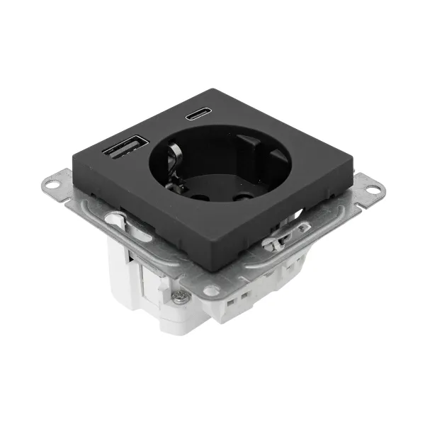 Механизм розетки с USB-A+С - 2шт, 16А, с заземлением, со шторками, чёрный Эпика EKF