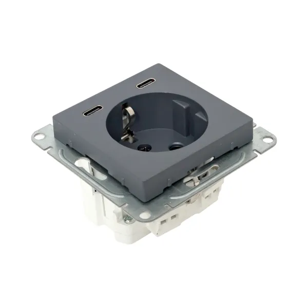 Механизм розетки с USB-C - 2шт, 16А, с заземлением, со шторками, графит Эпика EKF