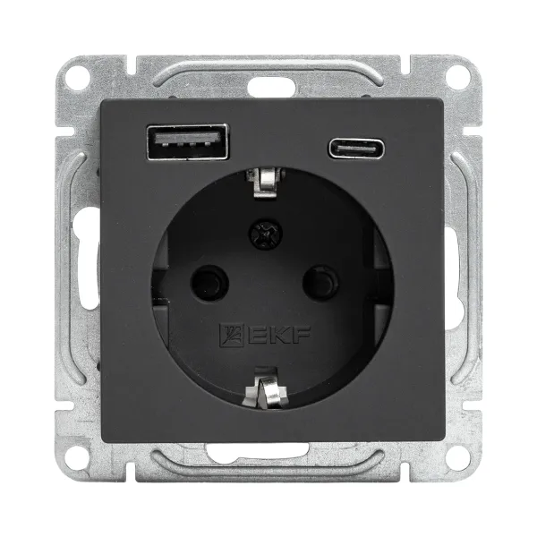 Механизм розетки с USB-A+С - 2шт, 16А, с заземлением, со шторками, чёрный Эпика EKF